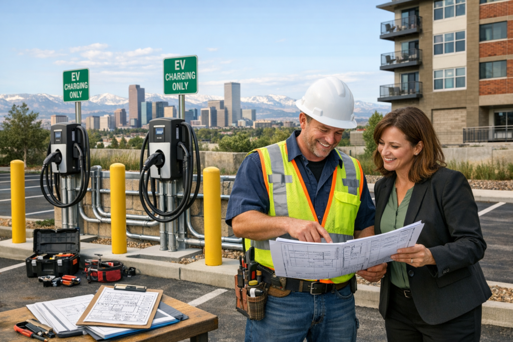 Installer and property manager reviewing a bundled turnkey EV charging installation at a commercial parking lot