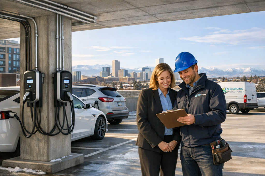 Property manager and EV charging installer reviewing one contract for hardware and service beside commercial EV chargers at a Denver property