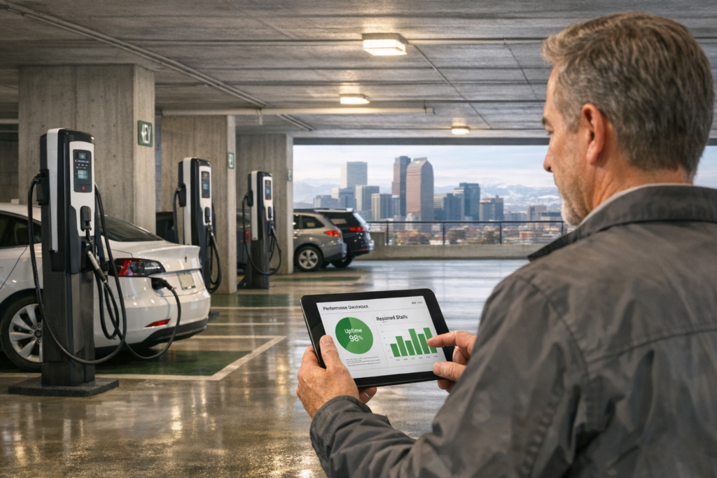 Property manager reviewing EV charger replacement performance data beside newly restored charging stations at a Denver property