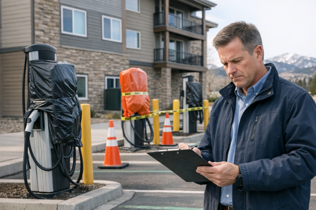 Property manager inspecting broken commercial EV chargers in a parking lot