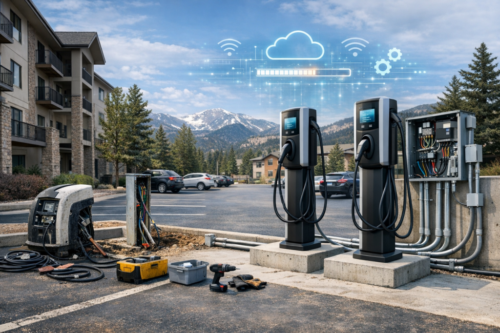 Replacement commercial EV chargers at a property parking lot with emphasis on future-ready hardware and remote update capability