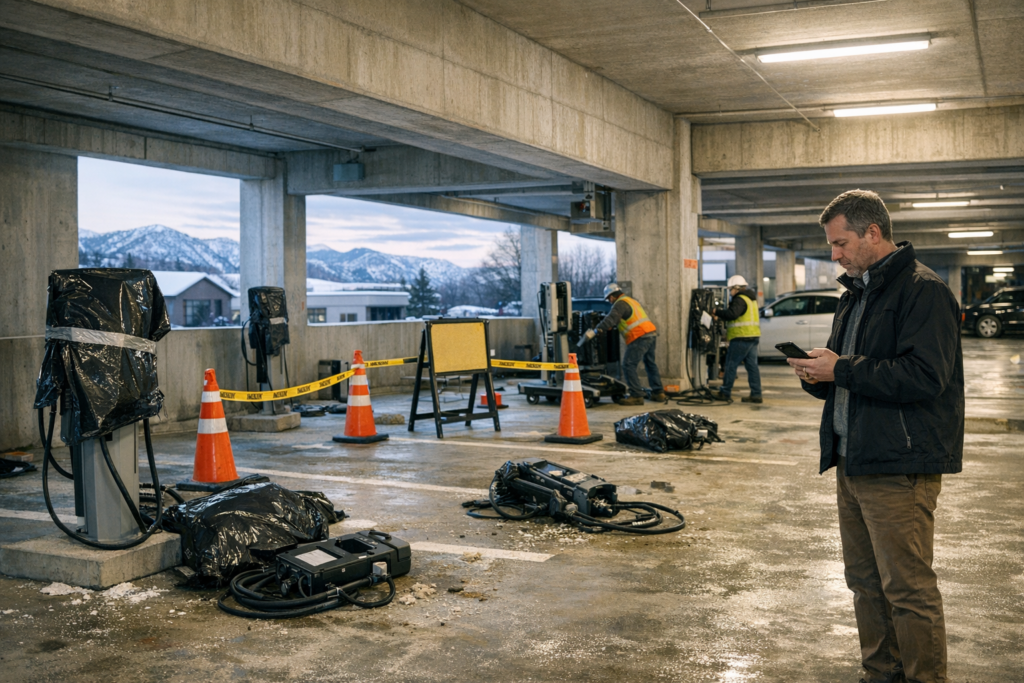 Property manager using app alerts during EV charger replacement in a parking garage