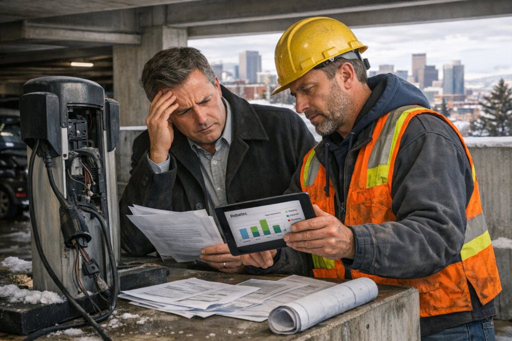 Property manager reviewing EV charger rebate status documents beside broken chargers at a Colorado commercial property